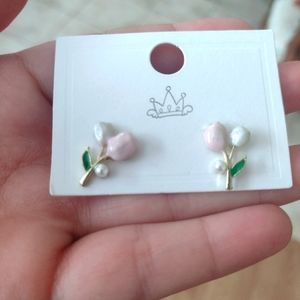 Pink tulip earrings 14k Gold plated laminated gold white pink tulip flower